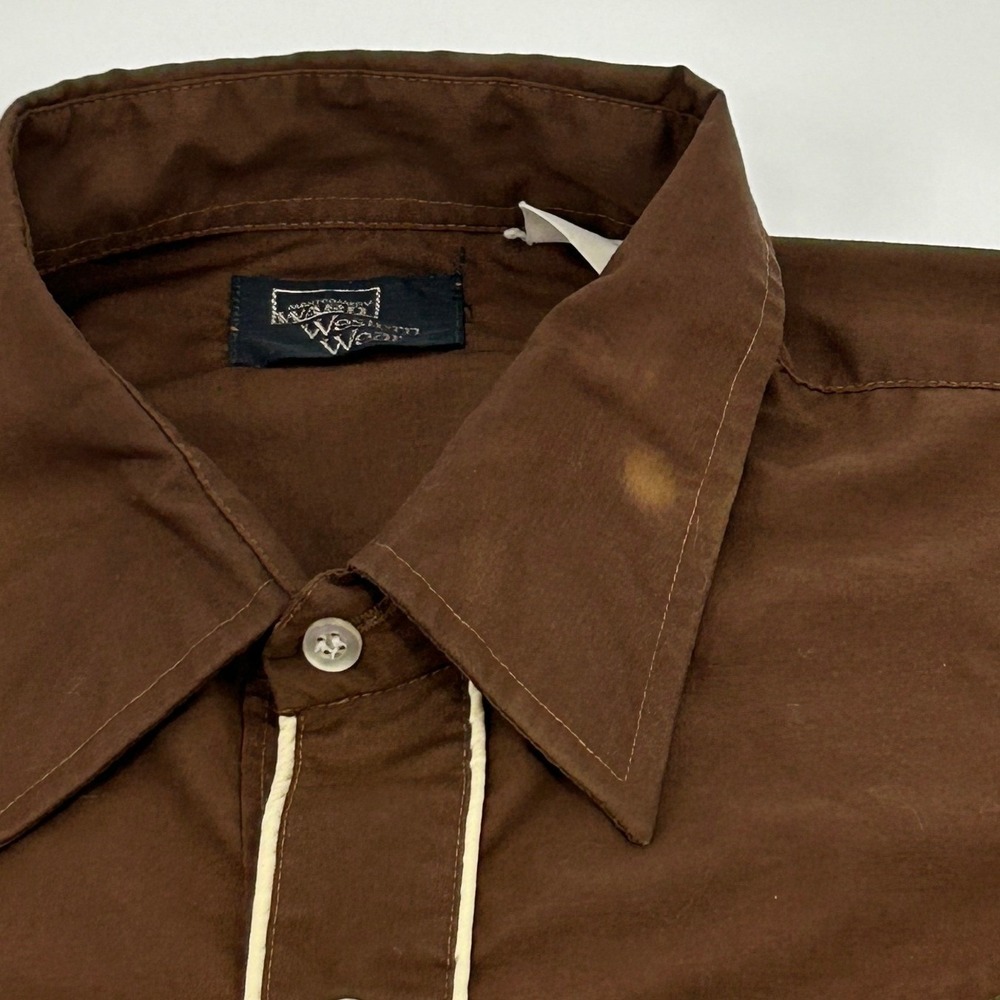 Montgomery Ward Western Shirt Mens L Brown Pearl Snap Smile Pocket Vintage 70s - Picture 3 of 11